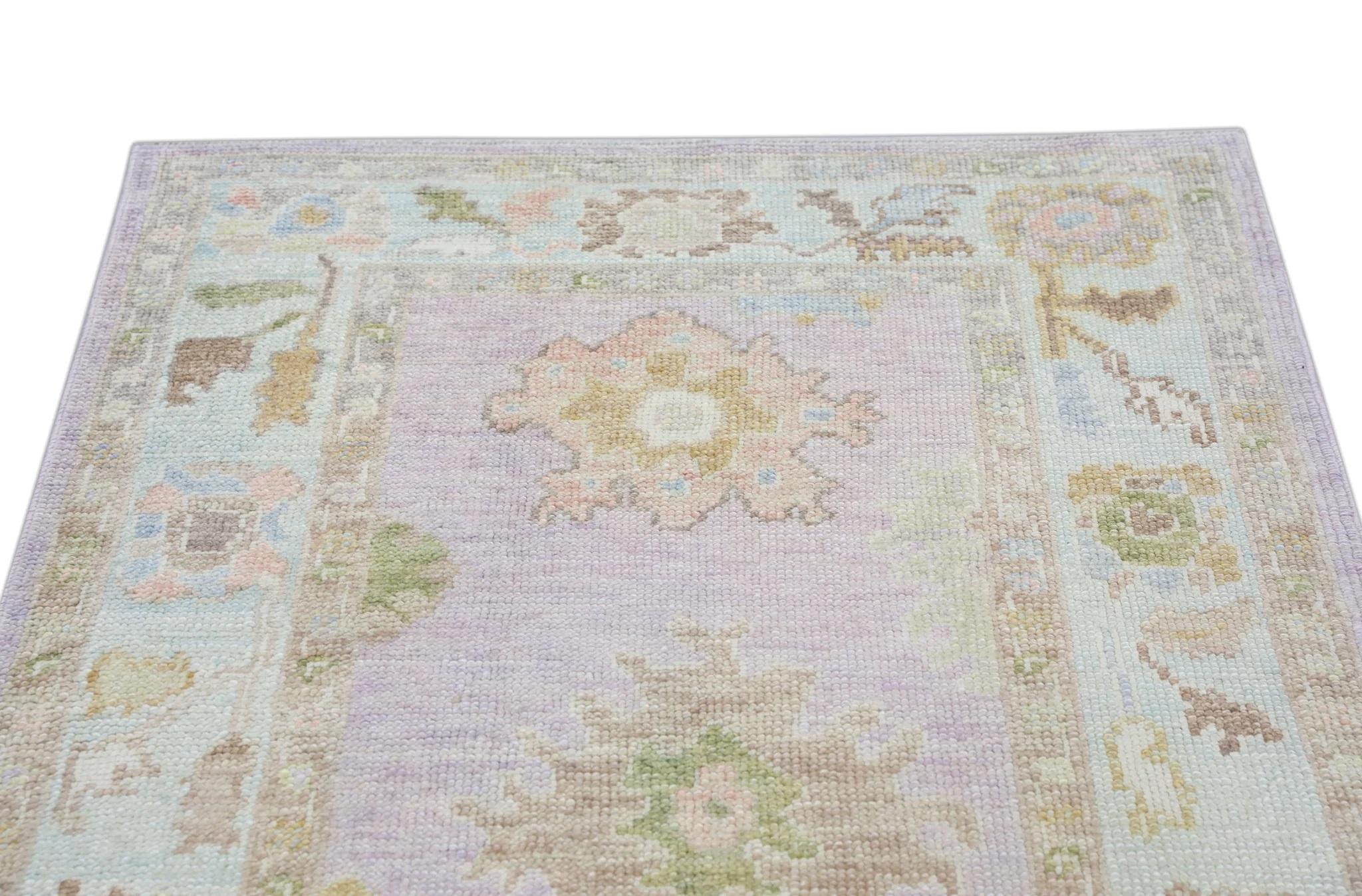 Handwoven Wool Turkish Oushak Rug with Colorful Floral Design 3'2'' x 6'4