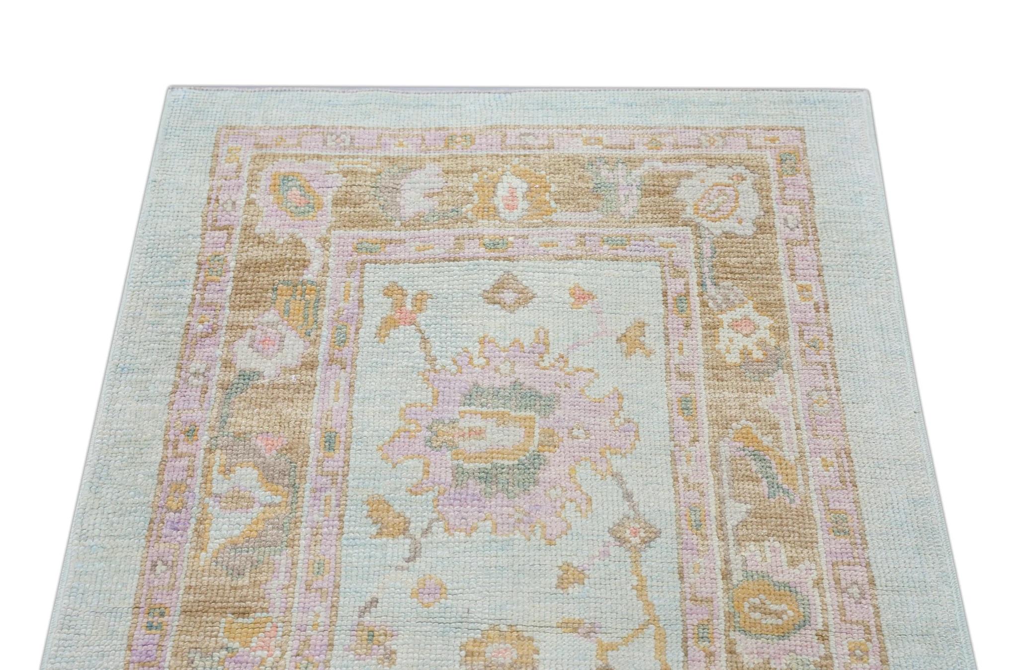 Soft Blue Handwoven Wool Turkish Oushak Rug with Colorful Floral Design 3' x 6'3 For Sale 2