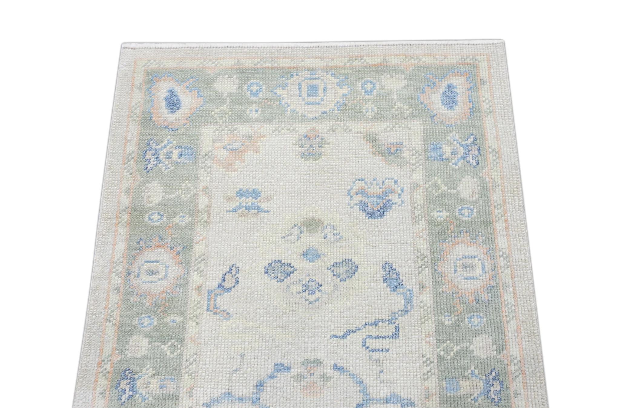 Floral Handwoven Wool Turkish Oushak Rug with Soft Green Border 2'5