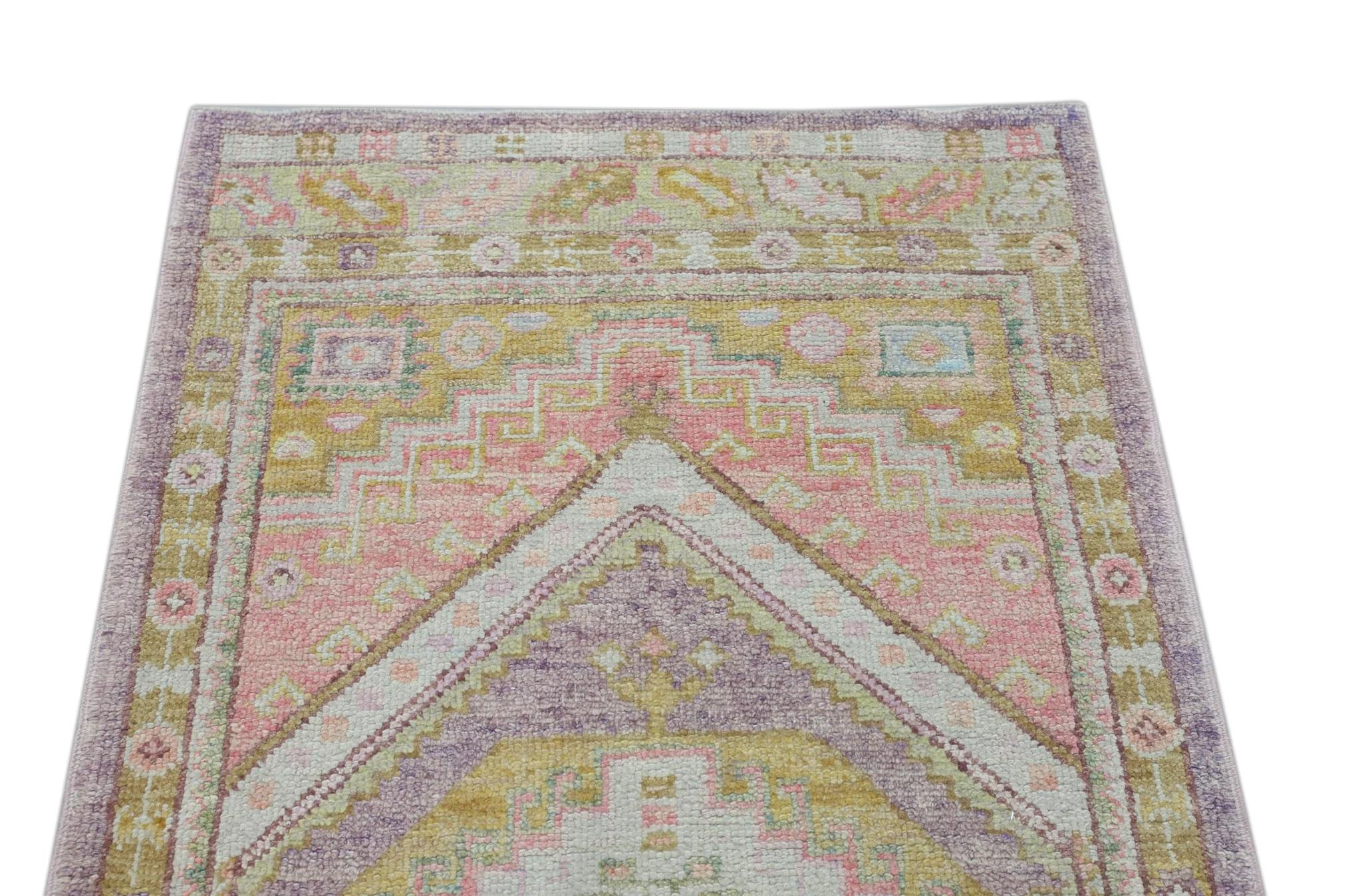 Lana Tappeto Oushak turco multicolore in lana intrecciata a mano con disegno a medaglione 3' x 10'3