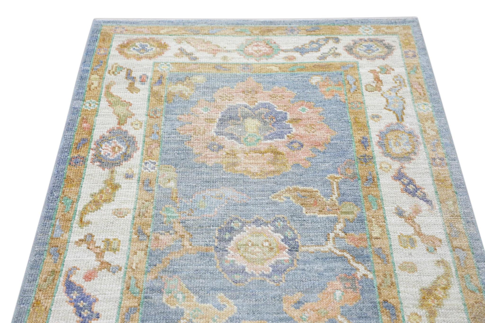 Floral Handwoven Wool Turkish Oushak Rug with Blue Field Yellow Border 2'11 X 5' For Sale 2