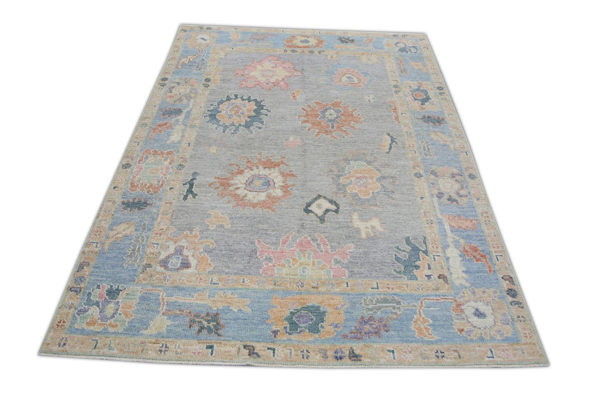 Blue Handwoven Wool Turkish Oushak Rug with Floral Design 5' x 6'11