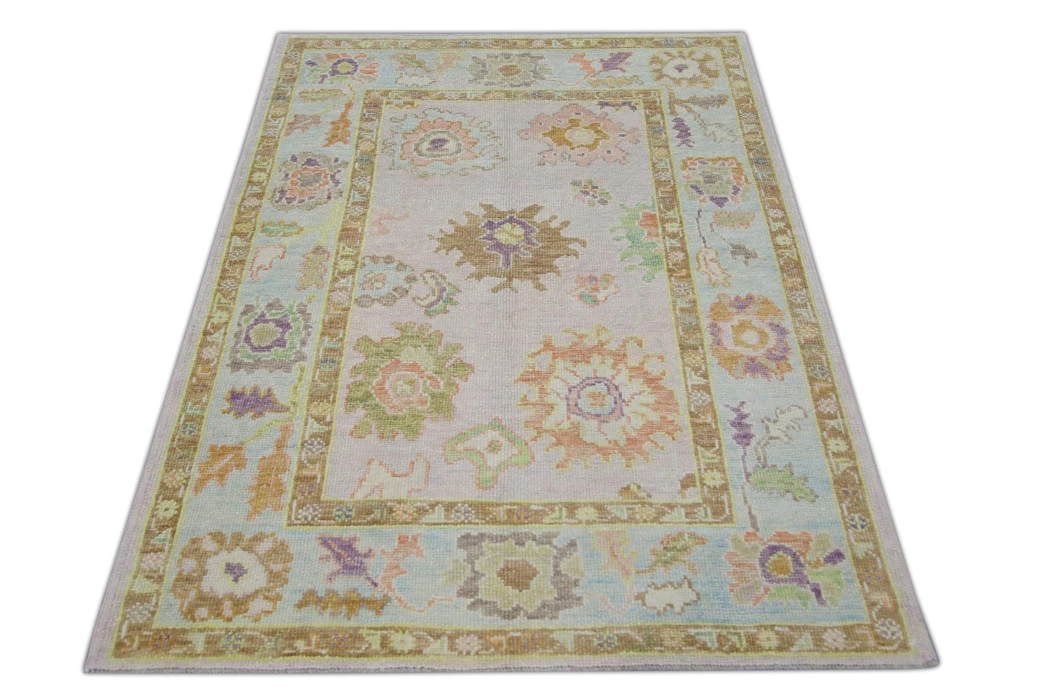 Handwoven Wool Turkish Oushak Rug Lilac Field Multicolor Floral Design 4'2 x 5'7 For Sale 3