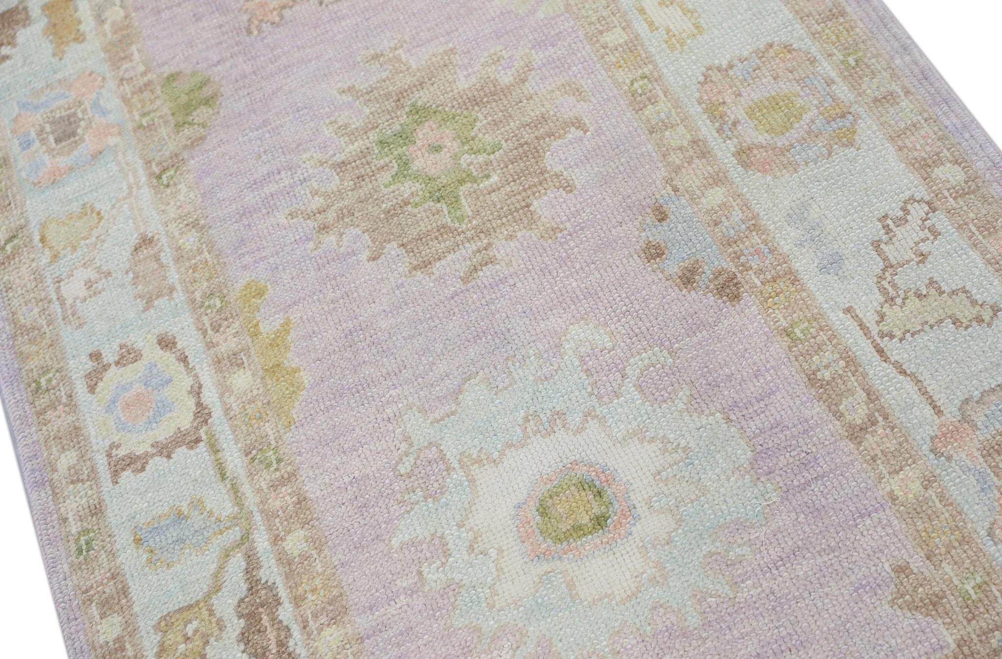 Handwoven Wool Turkish Oushak Rug with Colorful Floral Design 3'2'' x 6'4