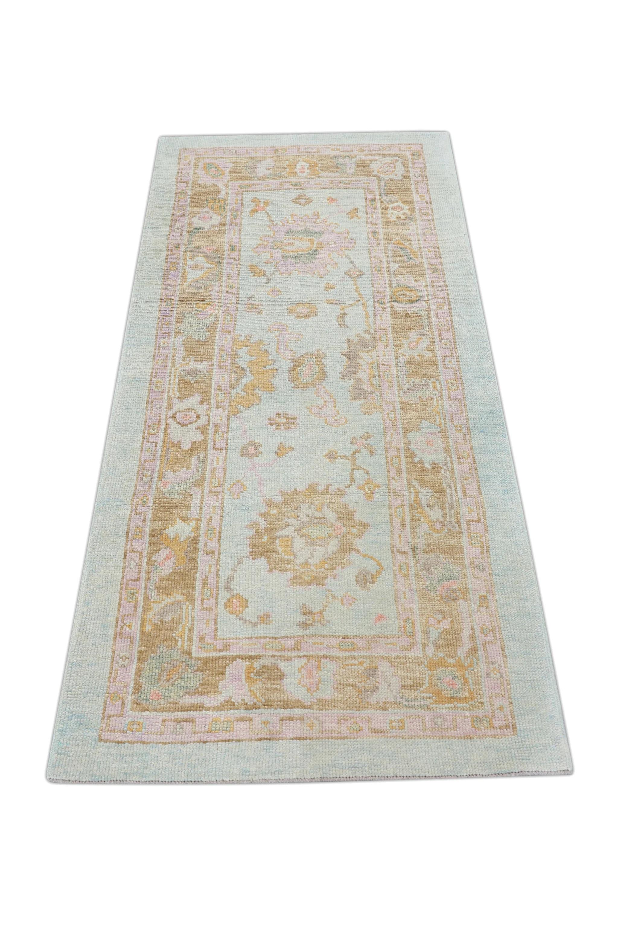 Soft Blue Handwoven Wool Turkish Oushak Rug with Colorful Floral Design 3' x 6'3 For Sale 3