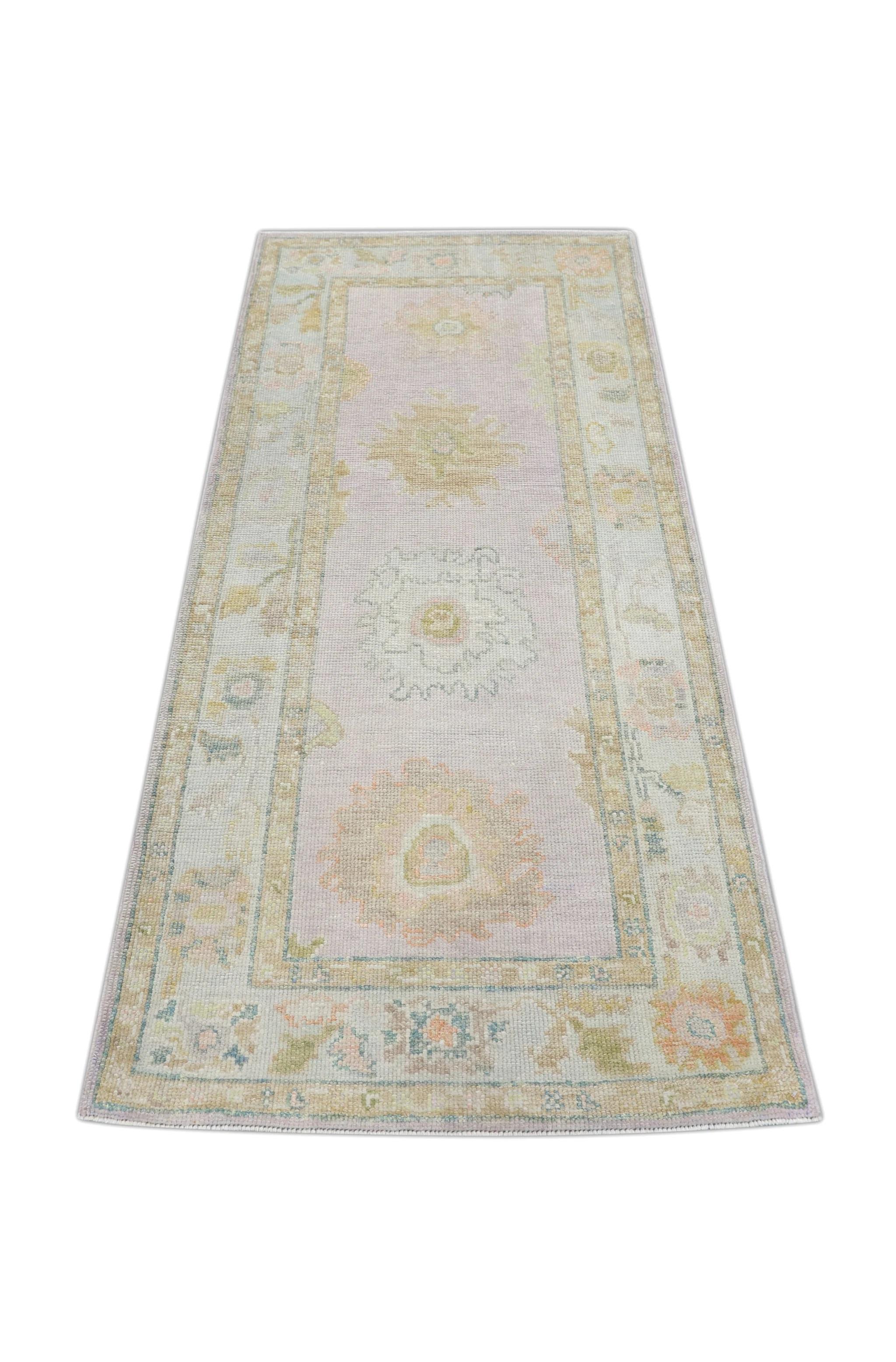 Handwoven Wool Turkish Oushak Rug with Pastel Colors and Floral Design 3' x 6'8