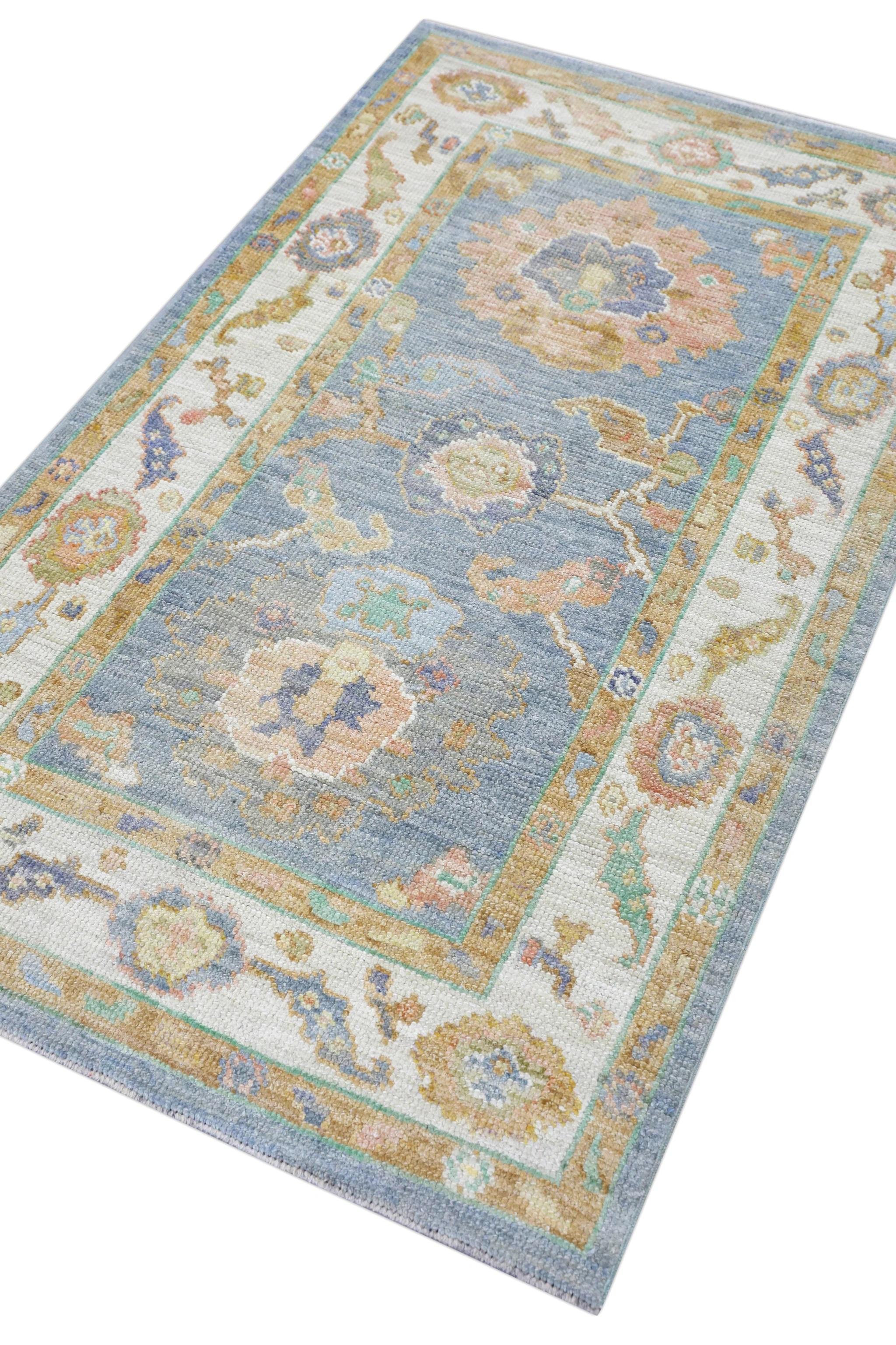 Floral Handwoven Wool Turkish Oushak Rug with Blue Field Yellow Border 2'11 X 5' For Sale 3