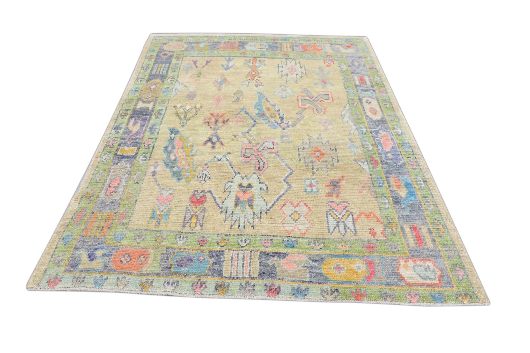 Pale Yellow Handwoven Wool Turkish Oushak Rug w/ Colorful Floral Pattern 5'7x 7' For Sale 4