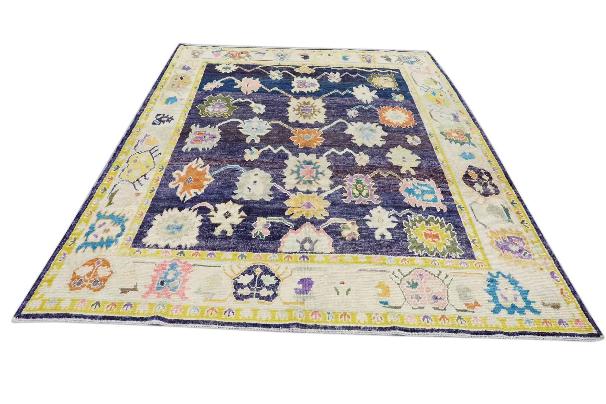 Handwoven Wool Turkish Oushak Rug in Purple & Yellow Floral Pattern 8'3