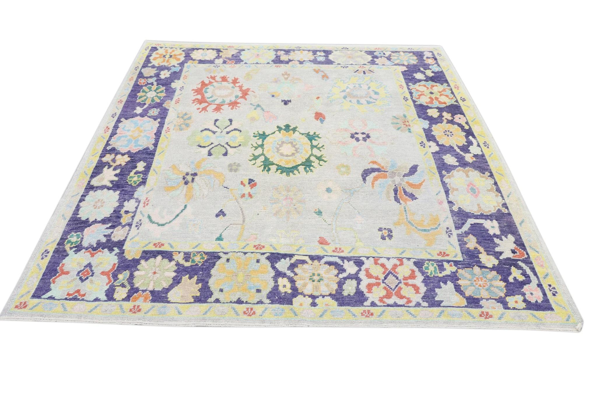 Colorful Purple Floral Handwoven Wool Turkish Oushak Rug 8'5