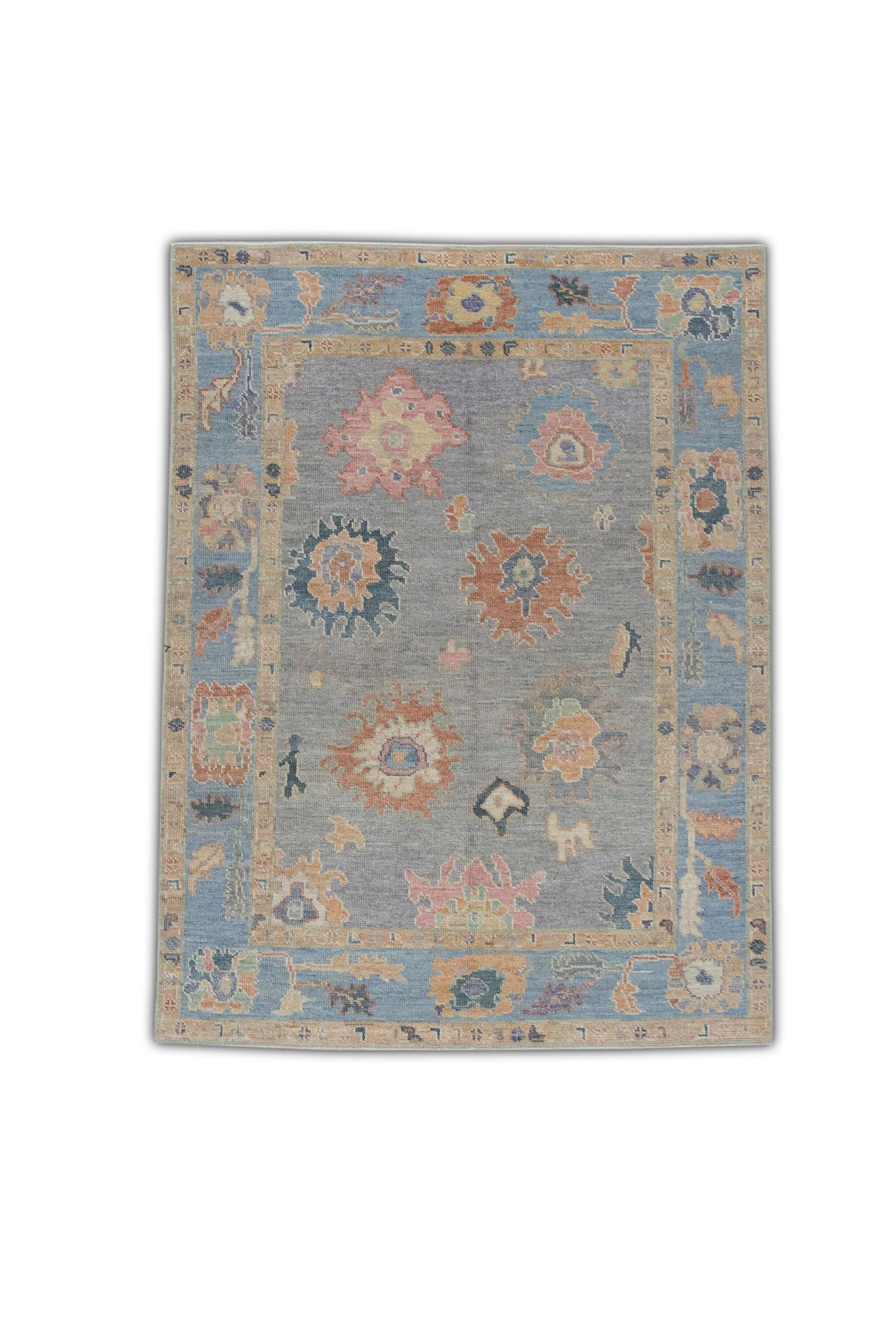 Blue Handwoven Wool Turkish Oushak Rug with Floral Design 5' x 6'11