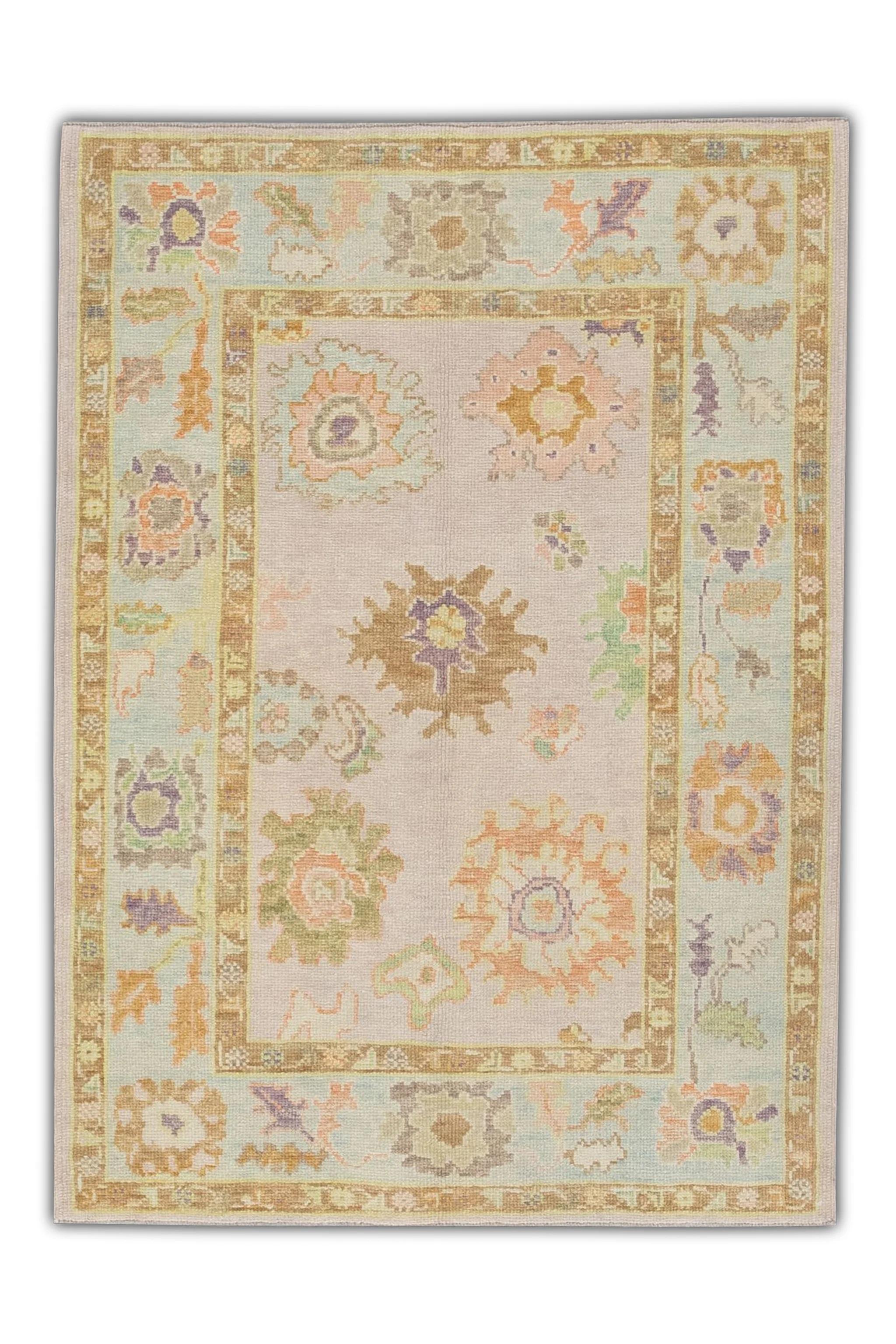 Handwoven Wool Turkish Oushak Rug Lilac Field Multicolor Floral Design 4'2 x 5'7 For Sale 4