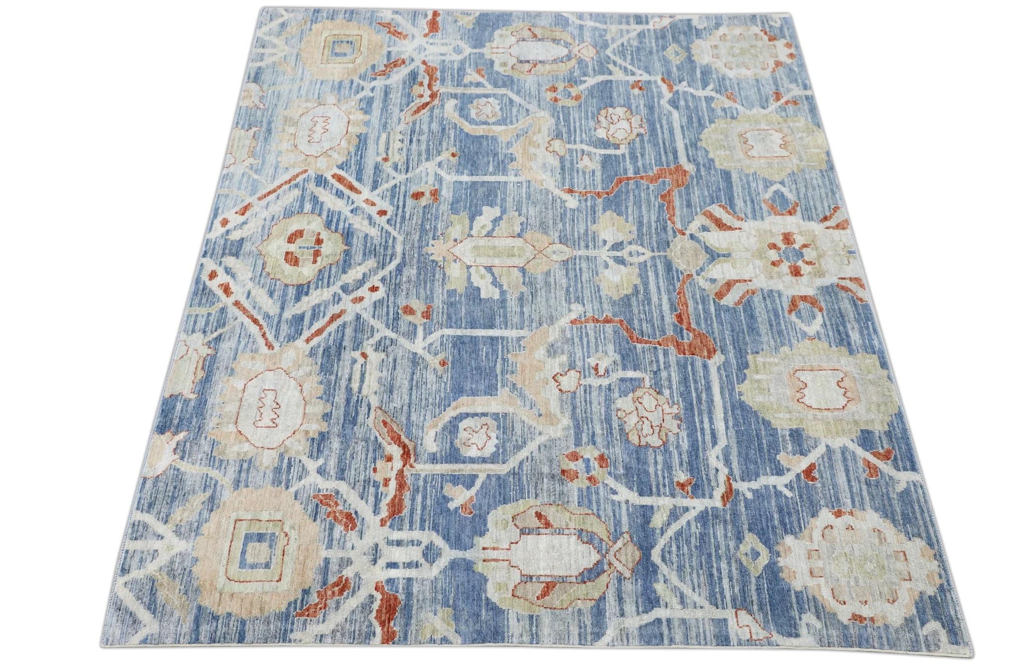 Blue Handwoven Wool Turkish Oushak Rug with Red Floral Design 8' x 6'7