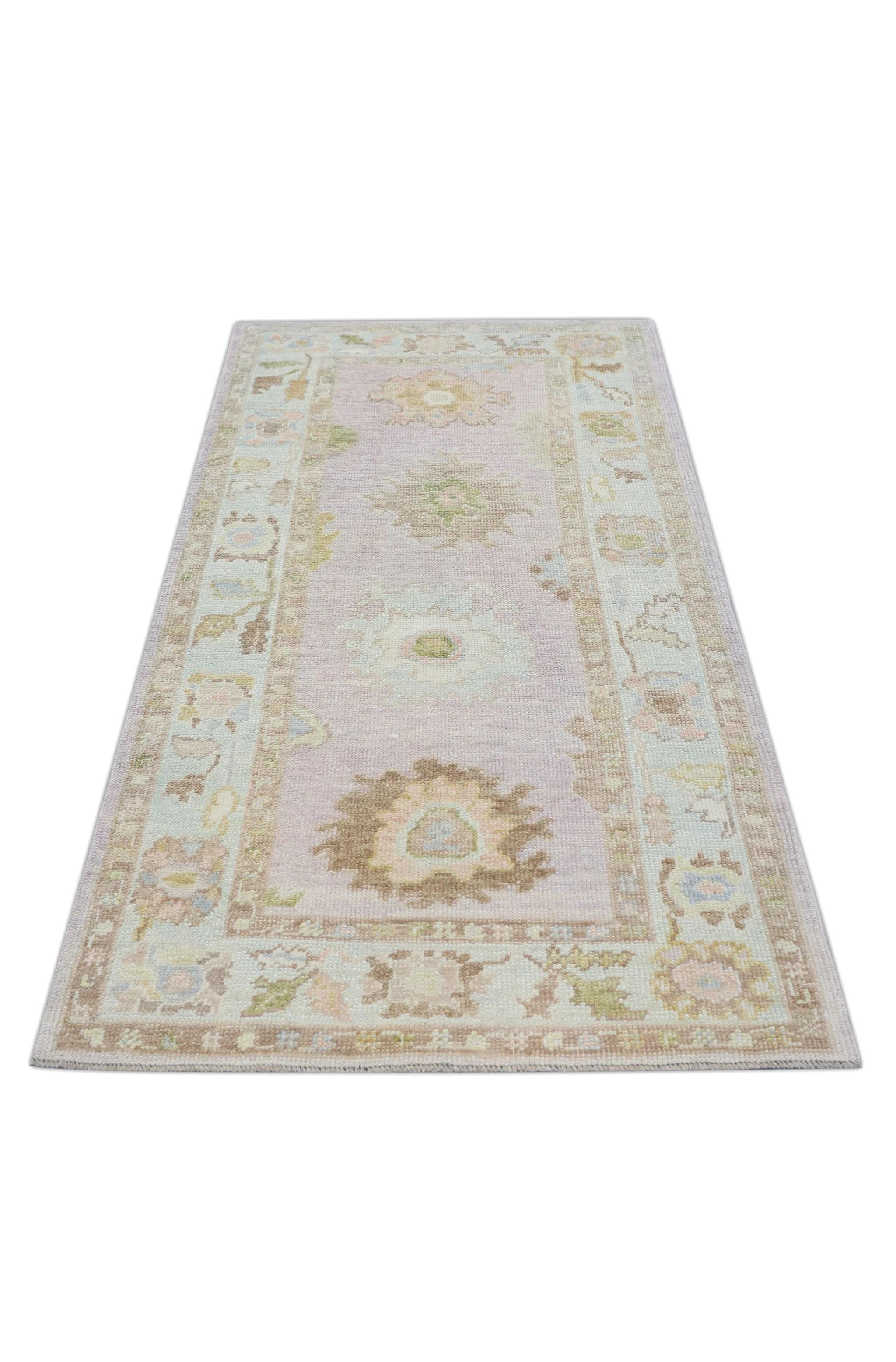 Handwoven Wool Turkish Oushak Rug with Colorful Floral Design 3'2'' x 6'4