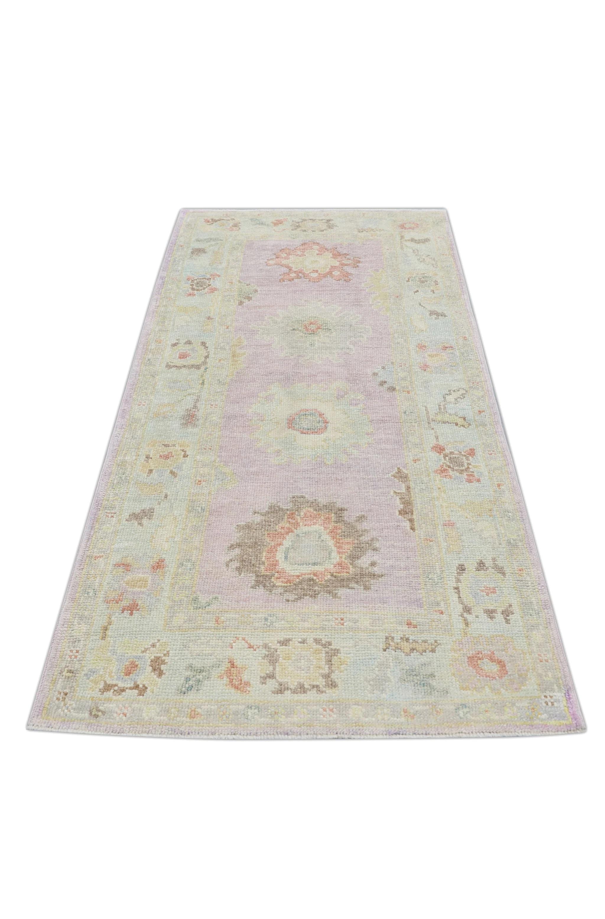 Pink Handwoven Wool Turkish Oushak Rug with Floral Design 3'1