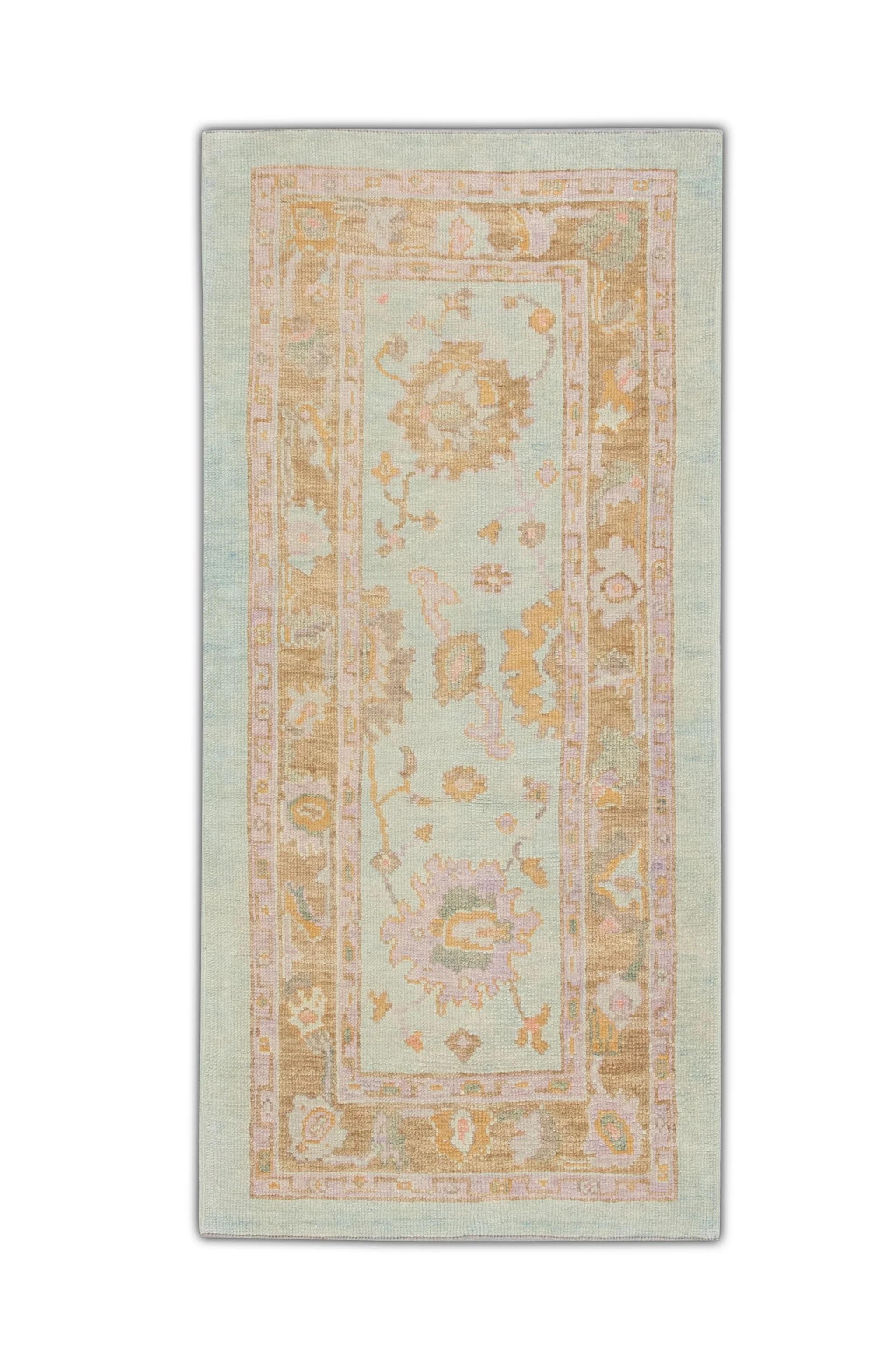 Soft Blue Handwoven Wool Turkish Oushak Rug with Colorful Floral Design 3' x 6'3 For Sale 4