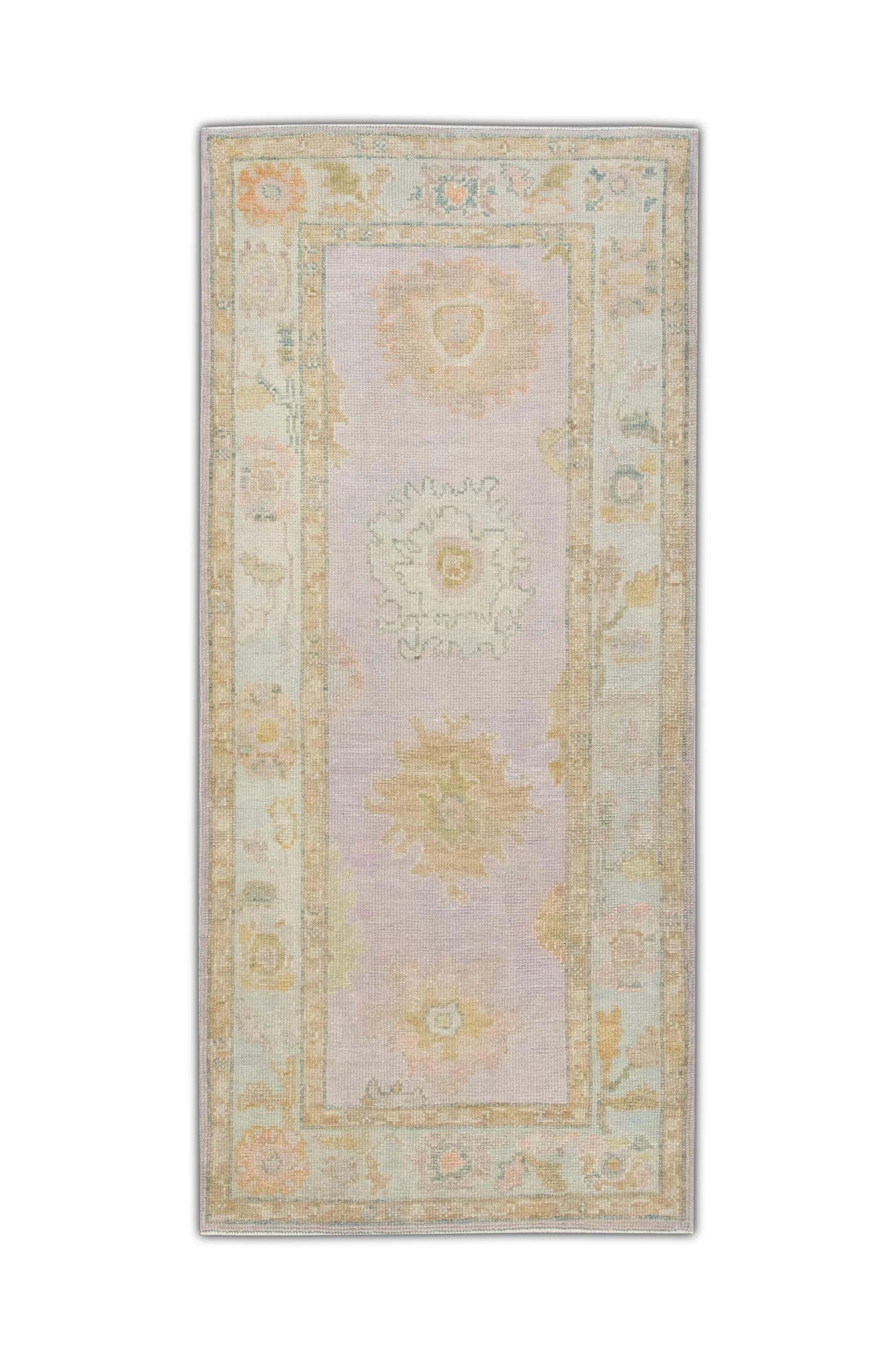 Handwoven Wool Turkish Oushak Rug with Pastel Colors and Floral Design 3' x 6'8