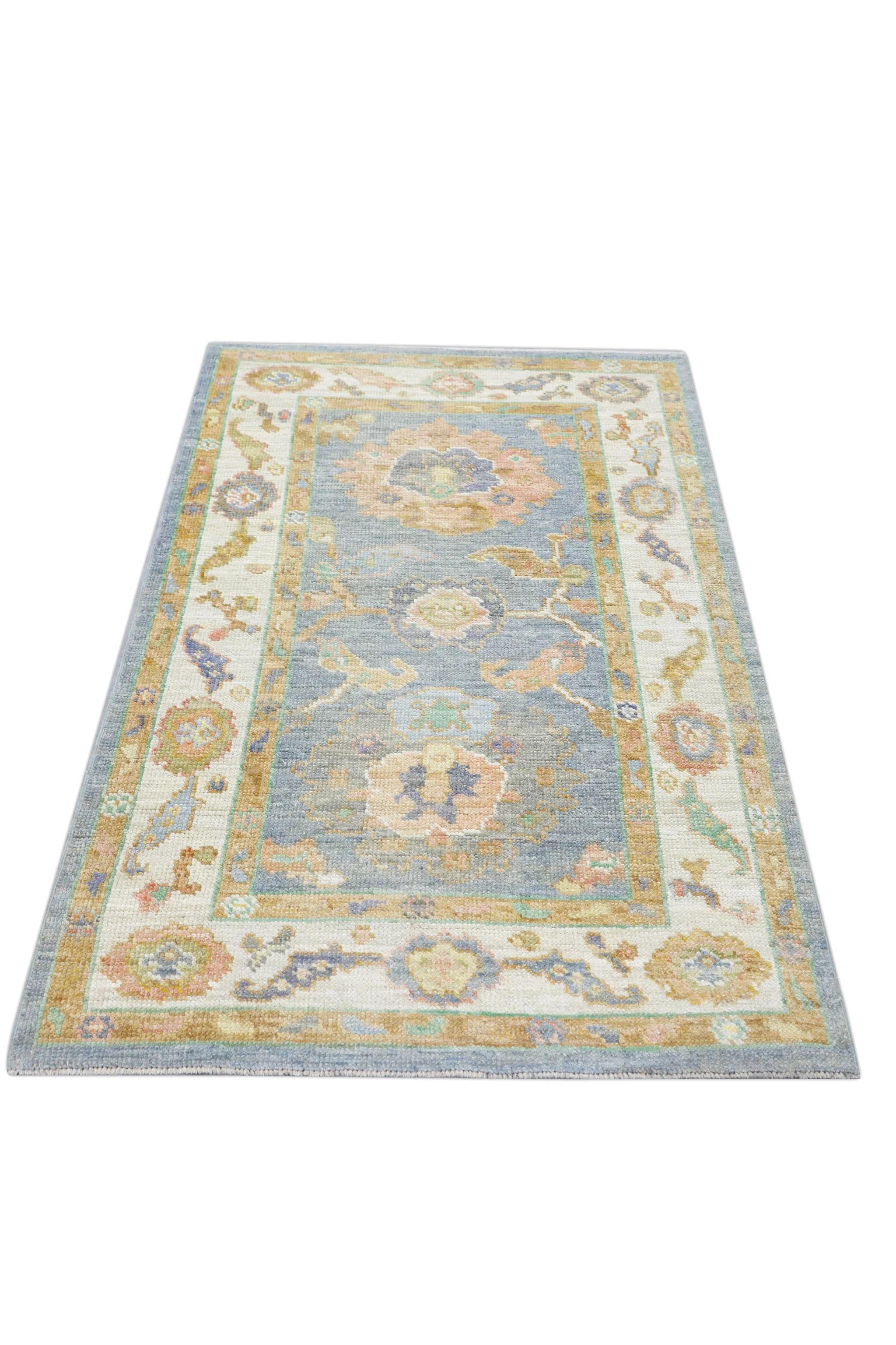 Floral Handwoven Wool Turkish Oushak Rug with Blue Field Yellow Border 2'11 X 5' For Sale 4