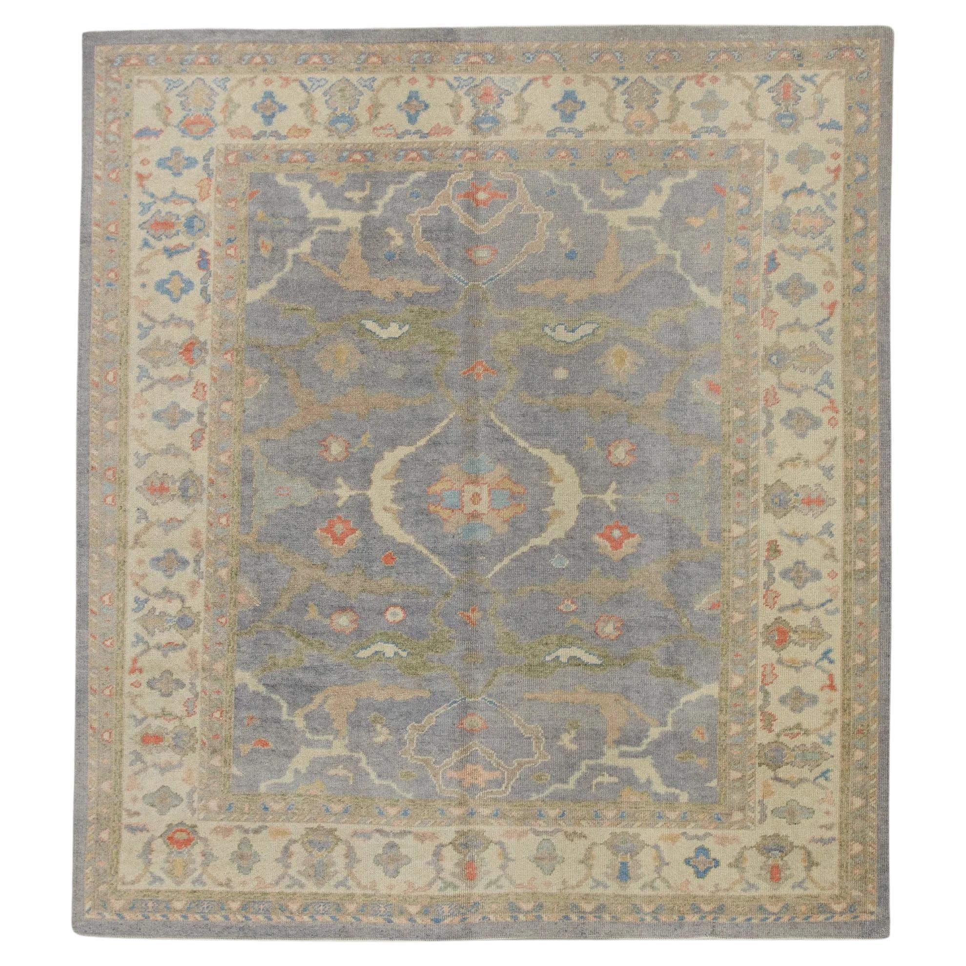 Blue Handwoven Wool Turkish Oushak Rug in Multicolor Floral Pattern 8' x 8'11"