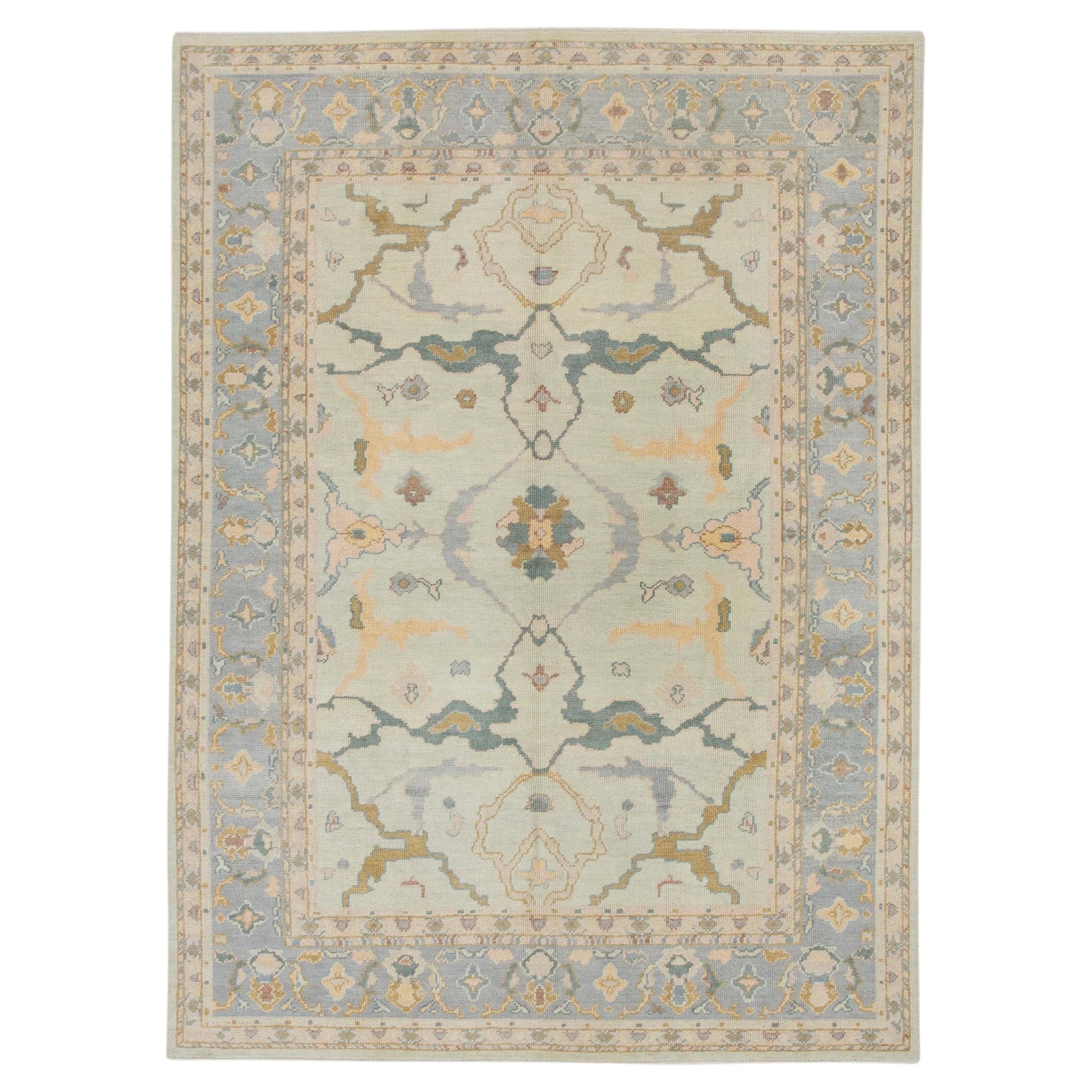 Pink & Blue Floral Handwoven Wool Turkish Oushak Rug 6'10" x 9'8" For Sale
