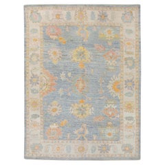 Blue Colorful Floral Handwoven Wool Turkish Oushak Rug 7'5" x 10'