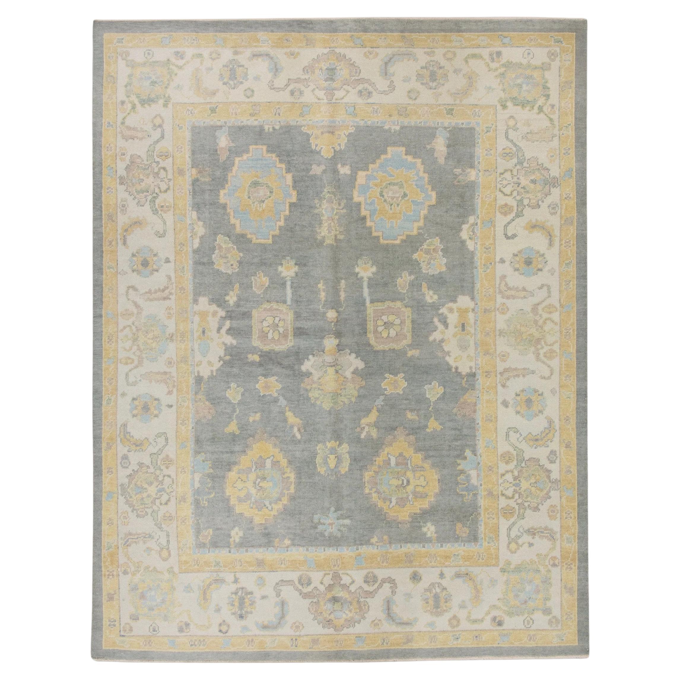 Gray & Yellow Handwoven Wool Turkish Oushak Rug in Floral Design 7'11" x 10'2"