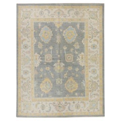 Türkischer Oushak-Teppich aus handgewebter Wolle in Grau & Gelb in floralem Design 7'11" x 10'2"