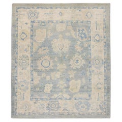 Tapis turc Oushak en laine tissé à la main à motifs floraux crème et bleu 8'9" x 10'2"