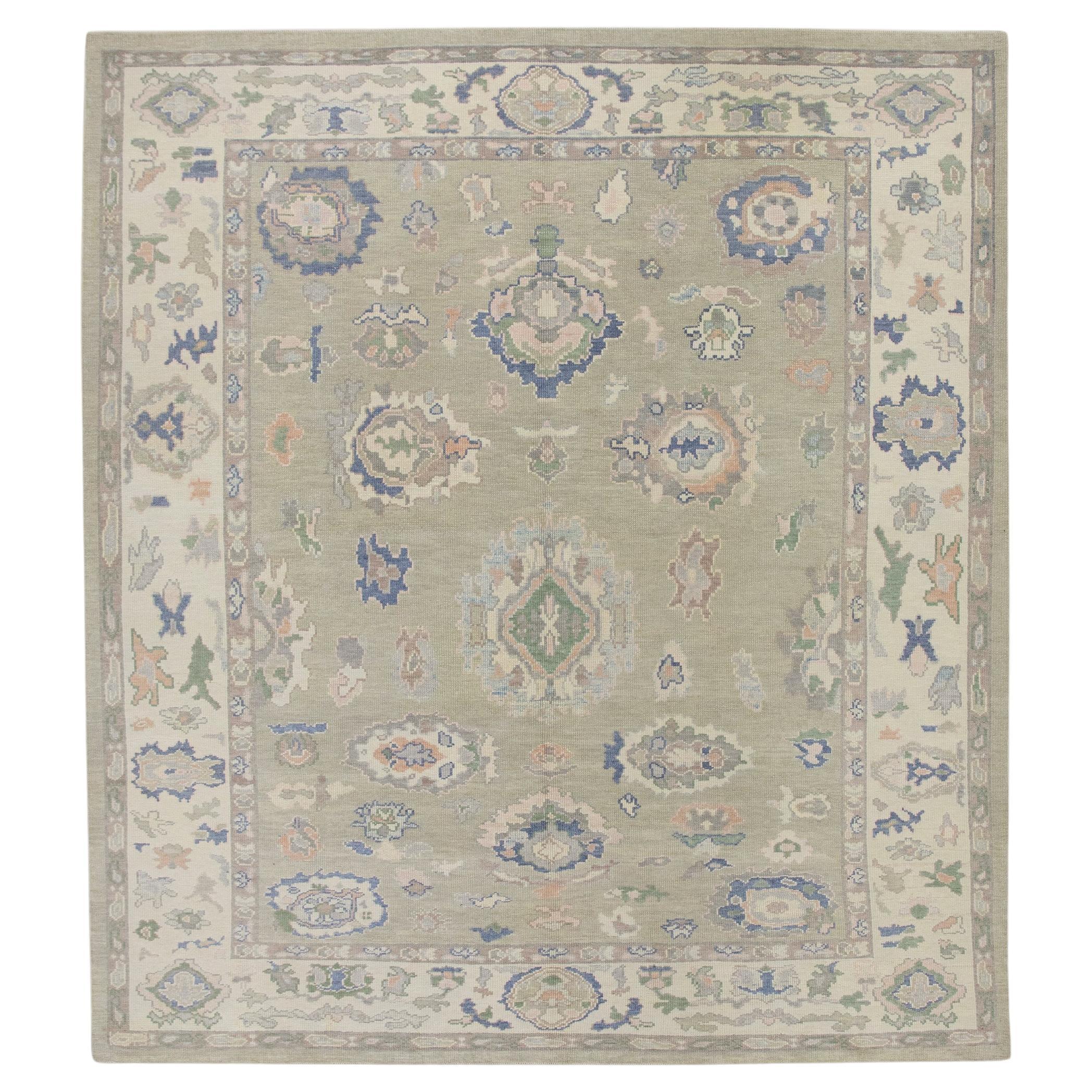 Green & Blue Floral Handwoven Wool Turkish Oushak Rug 8' x 9'1" For Sale