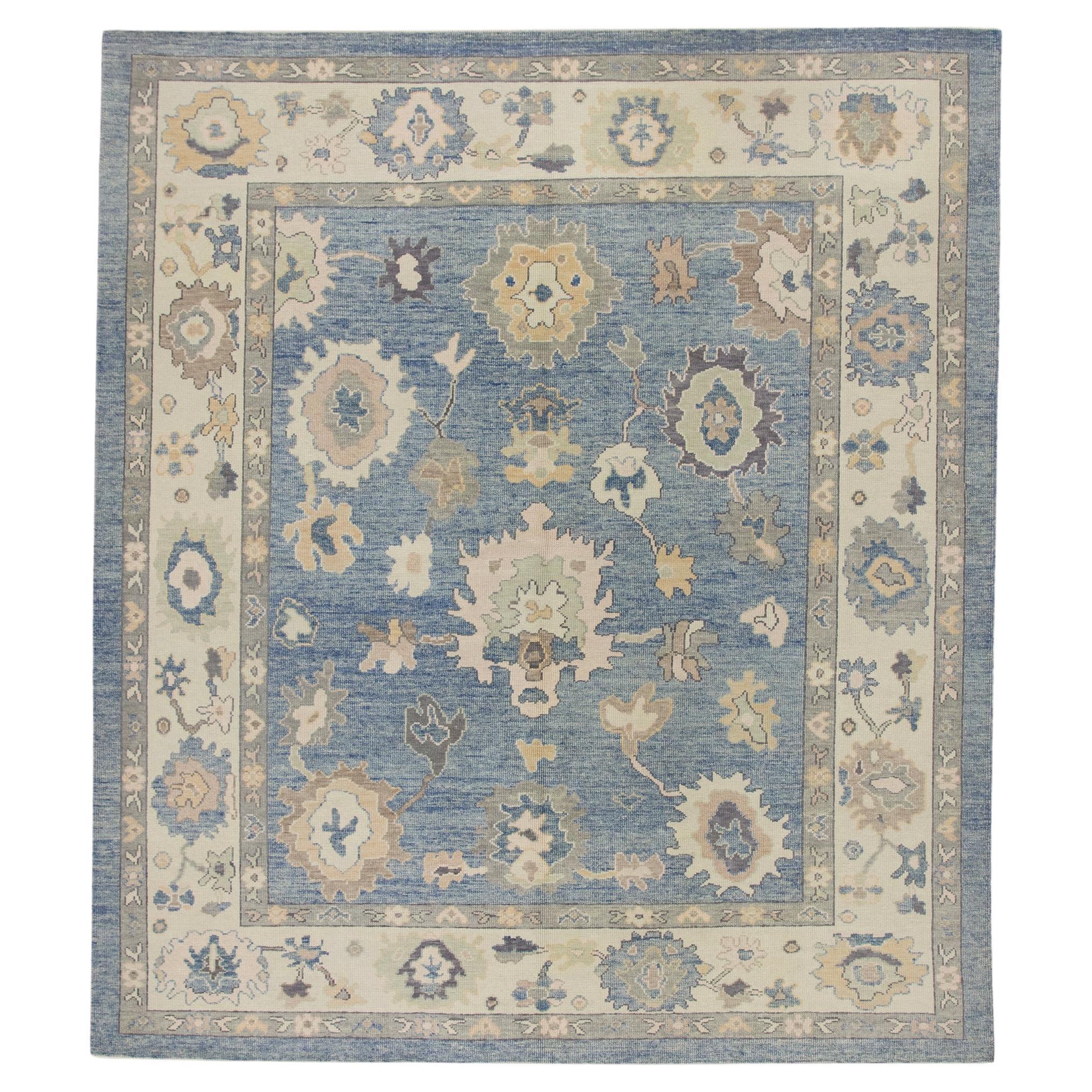 Blue Multicolor Floral Design Handwoven Wool Turkish Oushak Rug 8'3" x 9'4" For Sale