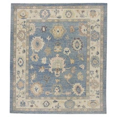 Blue Multicolor Floral Design Handwoven Wool Turkish Oushak Rug 8'3" x 9'4"