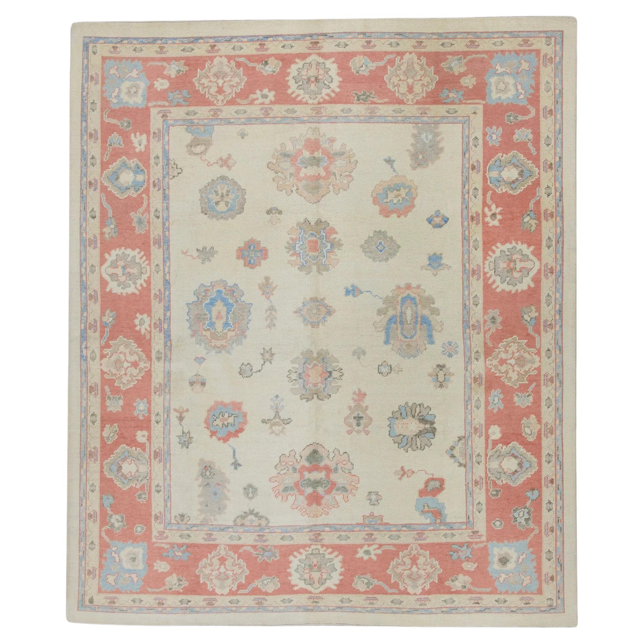 Cream Handwoven Wool Turkish Oushak Rug in Red & Blue Floral Design 8'3" x 9'9" For Sale