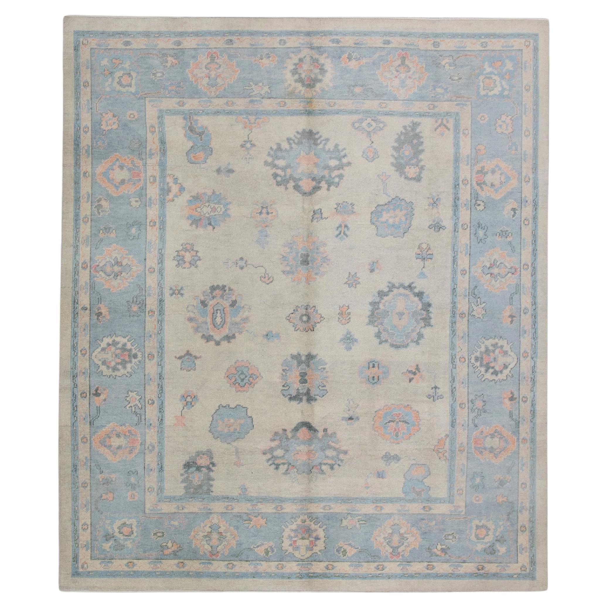 Handwoven Wool Turkish Oushak Rug in Blue & Salmon Floral Pattern 8'3" x 9'9" For Sale