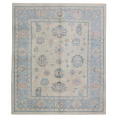 Handwoven Wool Turkish Oushak Rug in Blue & Salmon Floral Pattern 8'3" x 9'9"