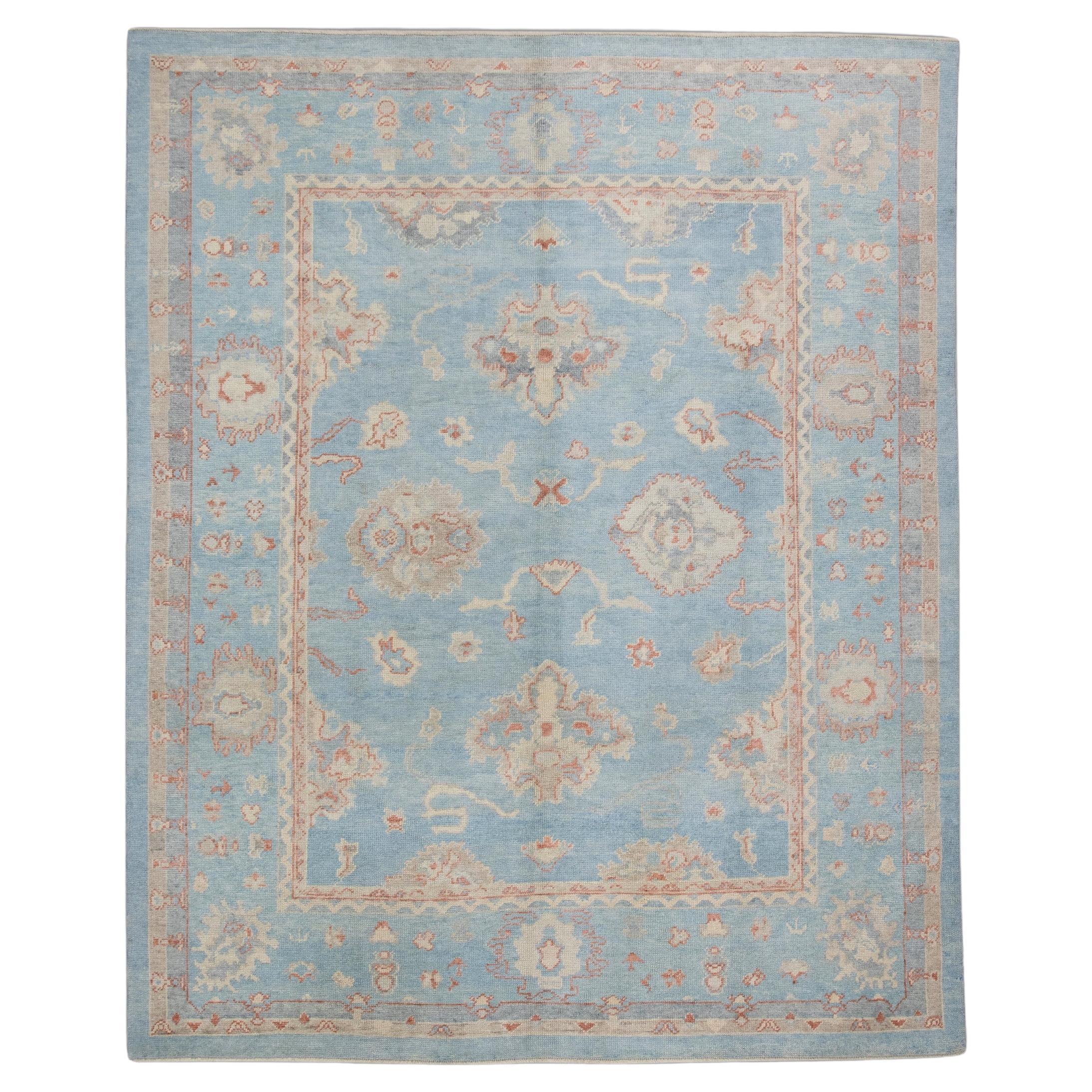 Blue Handwoven Wool Turkish Oushak Rug in Red Floral Pattern 8'4" x 10'2"