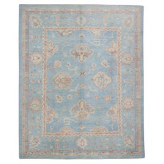 Blue Handwoven Wool Turkish Oushak Rug in Red Floral Pattern 8'4" x 10'2"