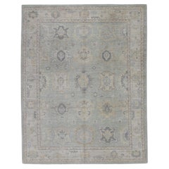 Blue Colorful Floral Handwoven Wool Turkish Oushak Rug 8'2" x 10'7"