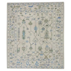 Cream Handwoven Wool Turkish Oushak Rug in Blue & Green Floral Design 8'1"x9'7"