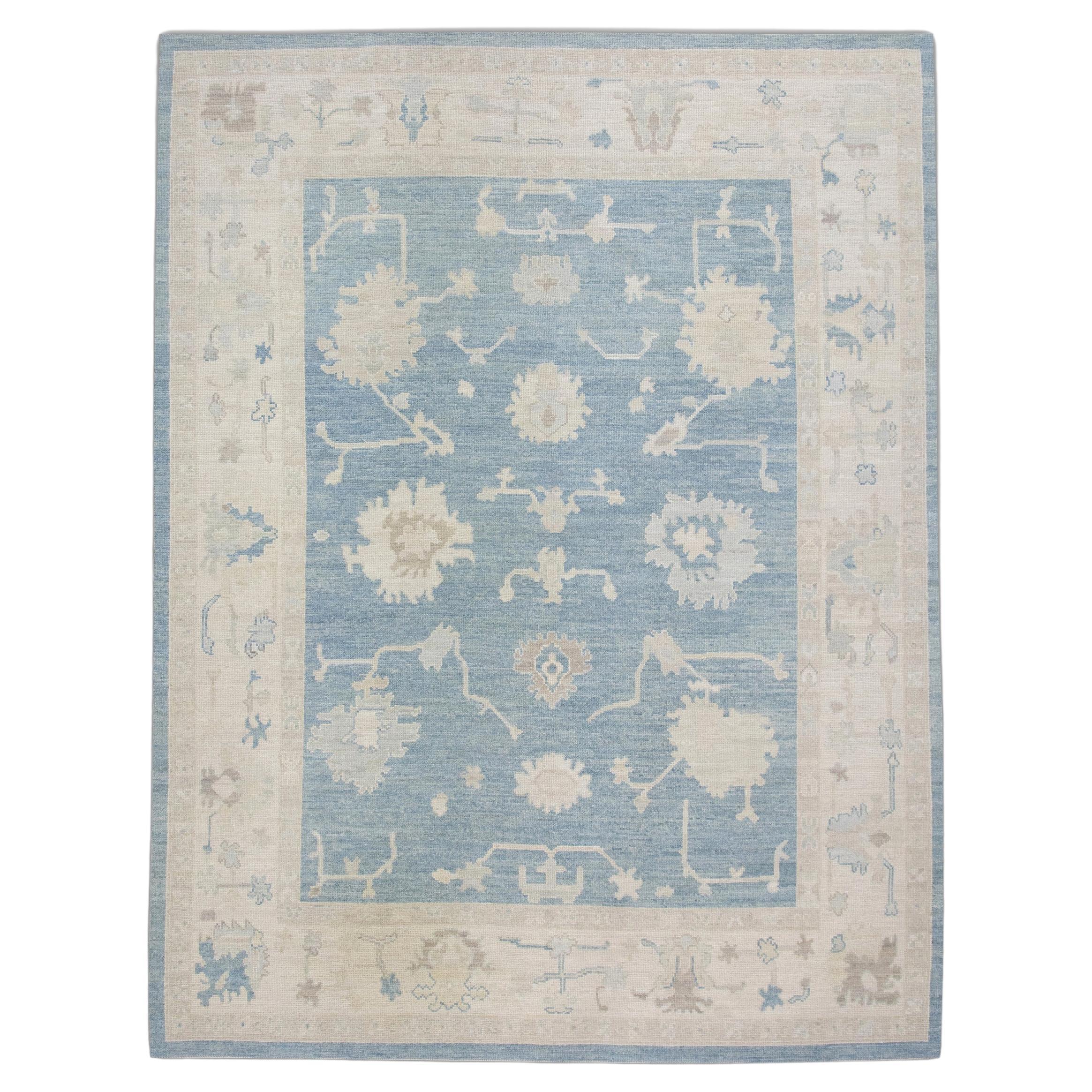 Blue Floral Handwoven Wool Turkish Oushak Rug 8'2" x 10'9" For Sale