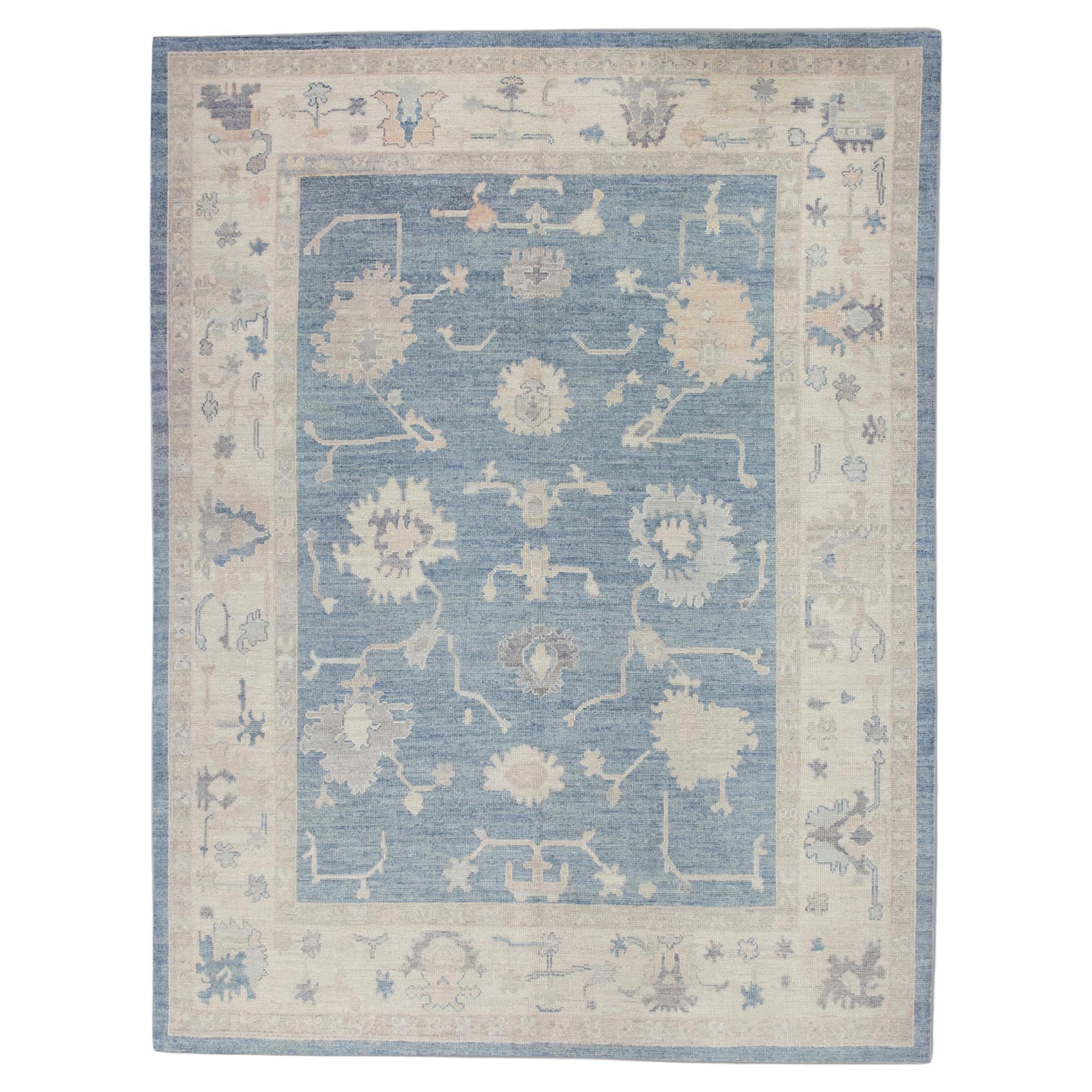 Blue Floral Handwoven Wool Turkish Oushak Rug 8'1" x 10'5" For Sale