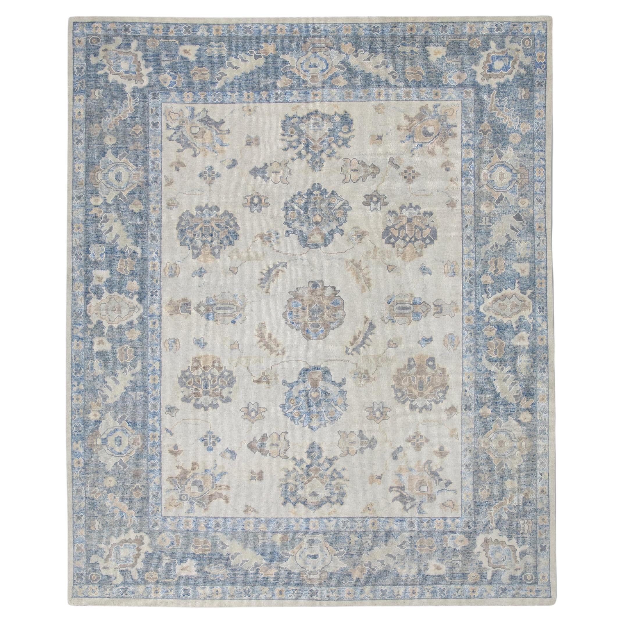 Cream & Blue Handwoven Wool Turkish Oushak Rug in Floral Design 8'5" x 9'11" For Sale