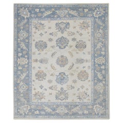 Cream & Blue Handwoven Wool Turkish Oushak Rug in Floral Design 8'5" x 9'11"