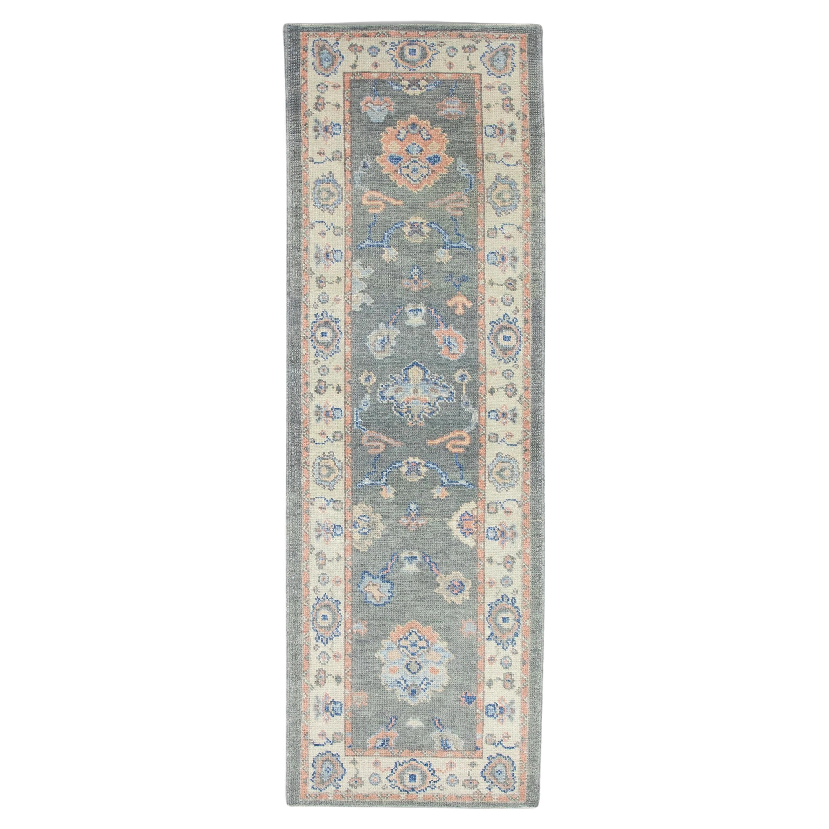 Gray Handwoven Wool Turkish Oushak Rug in Pink & Blue Floral Design 2'7" x 7'11"