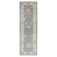 Gray Handwoven Wool Turkish Oushak Rug in Pink & Blue Floral Design 2'7" x 7'11"
