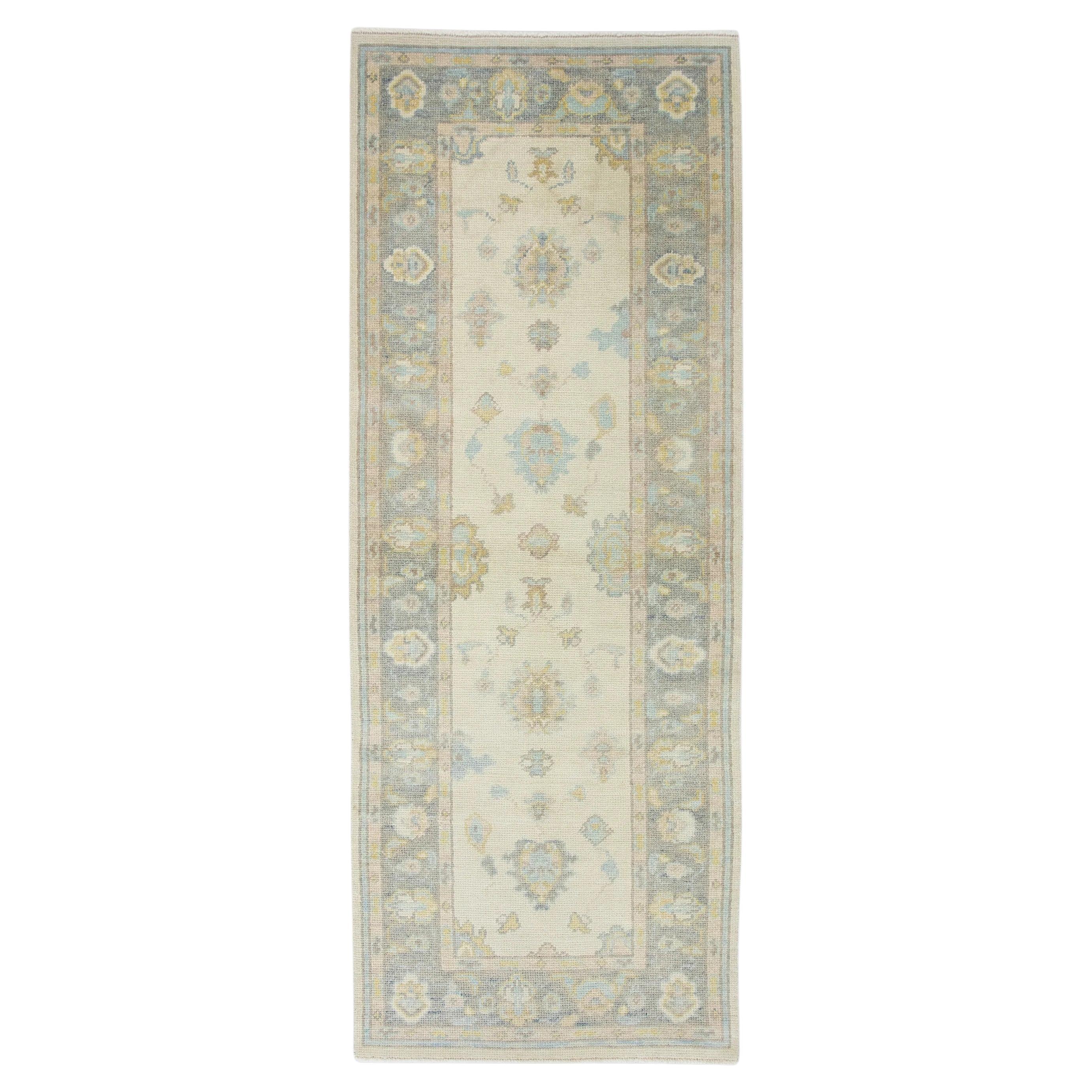 Blue and Yellow Handwoven Wool Floral Design Turkish Oushak Rug 3' x 7'10" For Sale