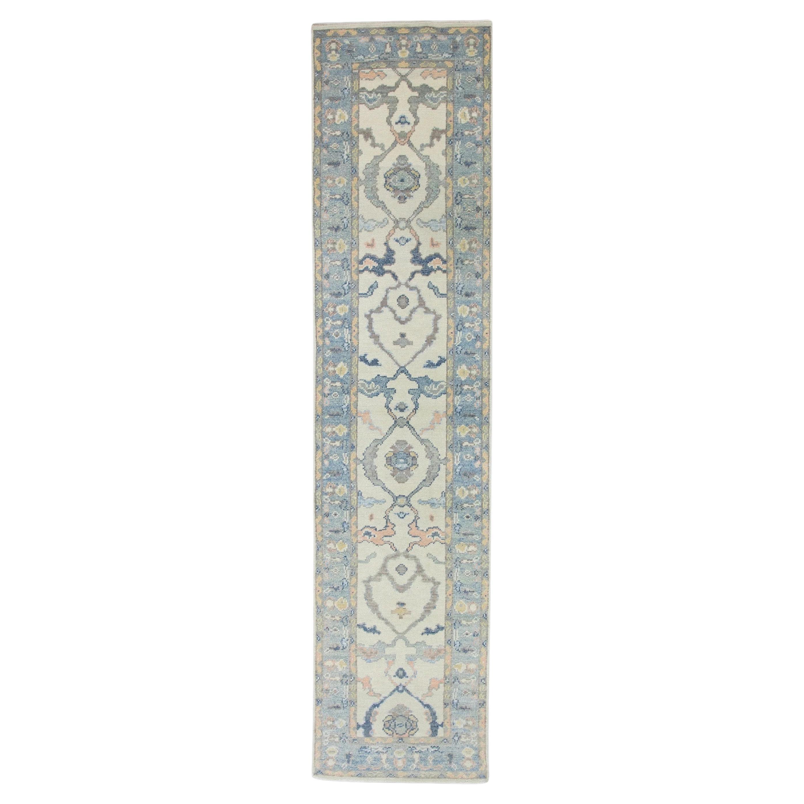 Blue Multicolor Floral Handwoven Wool Turkish Oushak Rug 2'4" x 9'10" For Sale