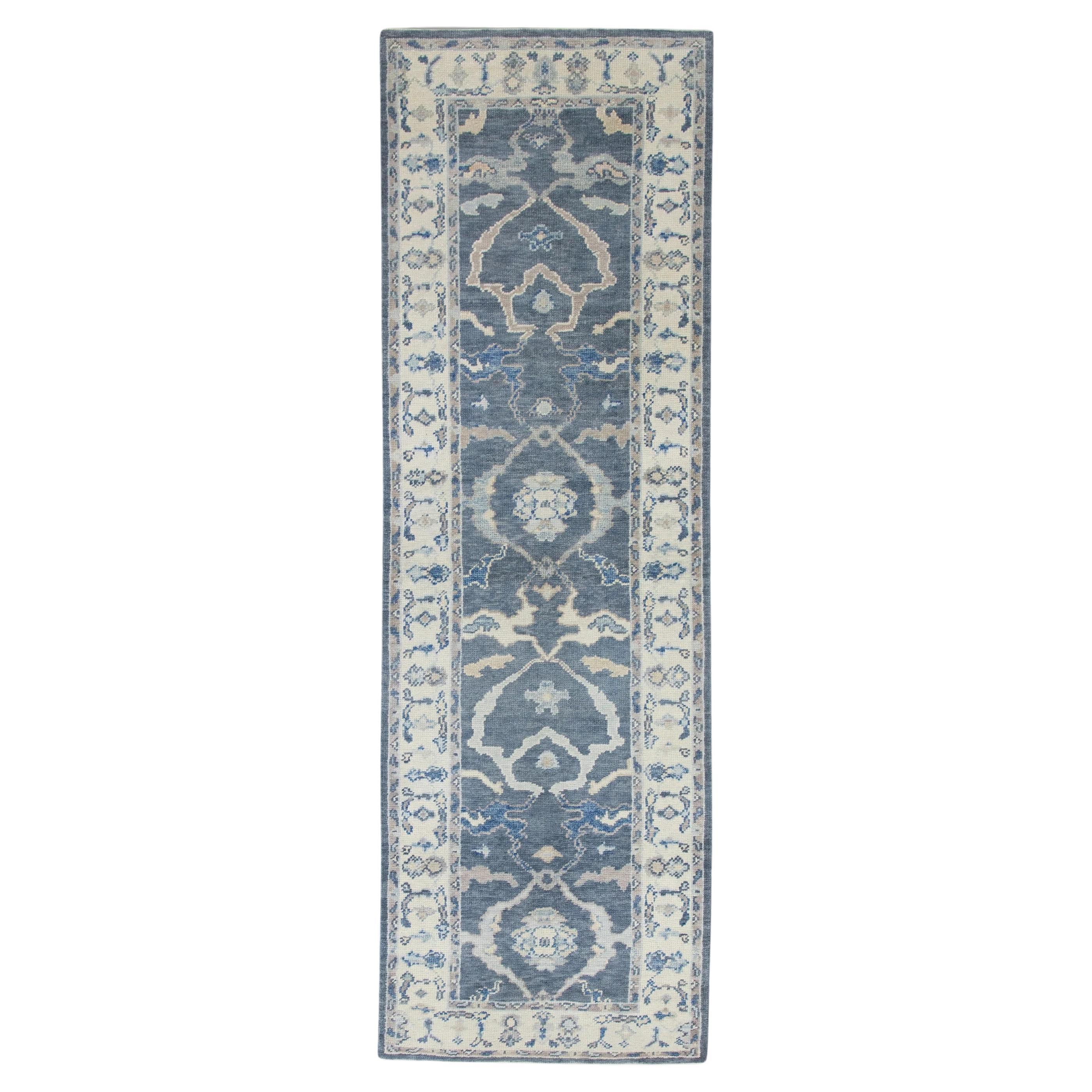 Blue Handwoven Wool Turkish Oushak Rug in Pink Floral Design 2'11" x 9'2" For Sale