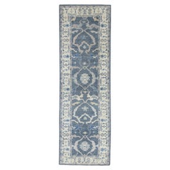 Blue Handwoven Wool Turkish Oushak Rug in Pink Floral Design 2'11" x 9'2"