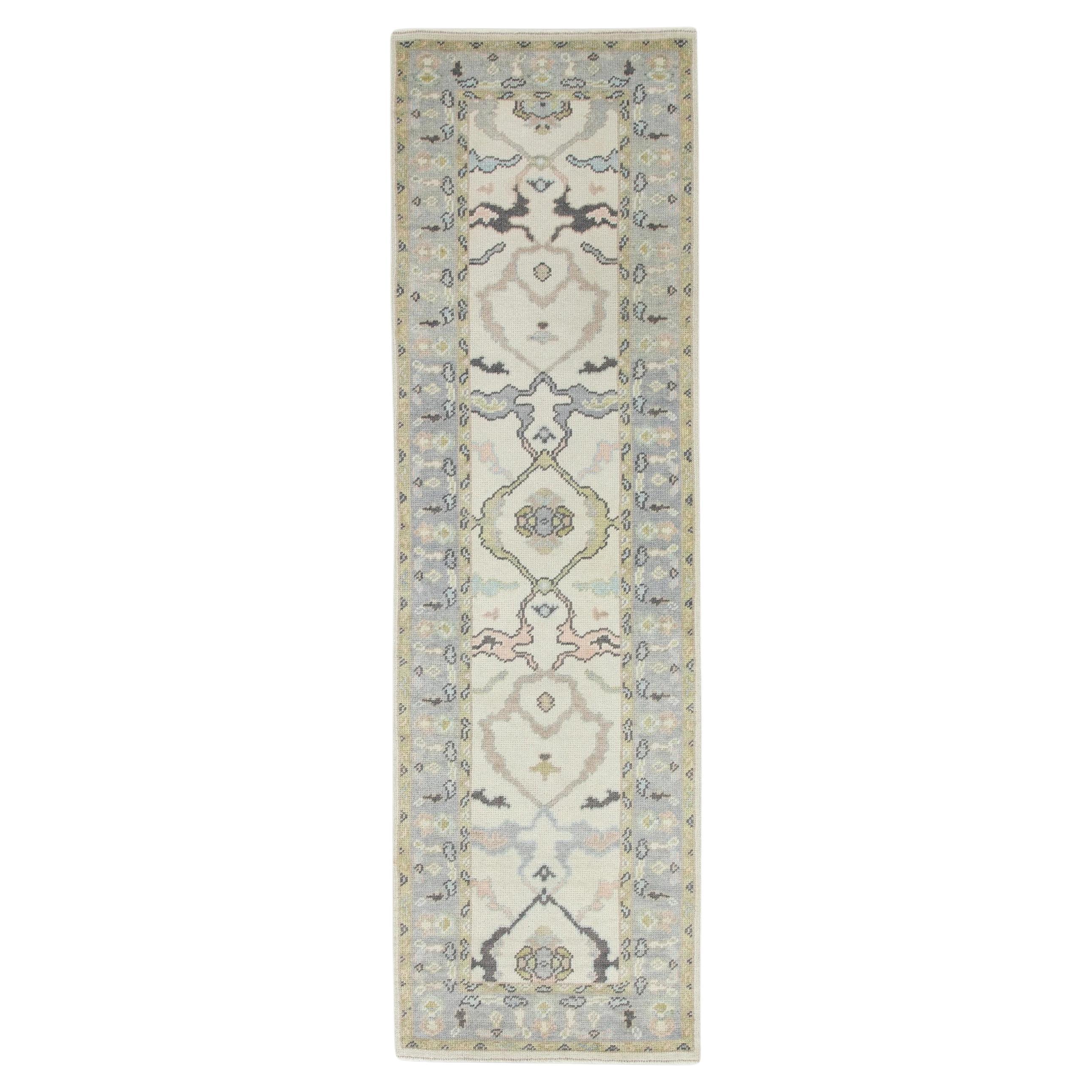 Floral Handwoven Wool Turkish Oushak Rug in Blue, Green, & Pink 2'7" x 8'9" For Sale