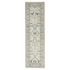 Floral Handwoven Wool Turkish Oushak Rug in Blue, Green, & Pink 2'7" x 8'9"